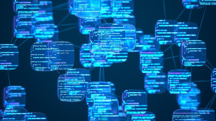 Computerbild mit kleinen einander &uuml;berlappenden Quadraten, die Programmiercode enthalten