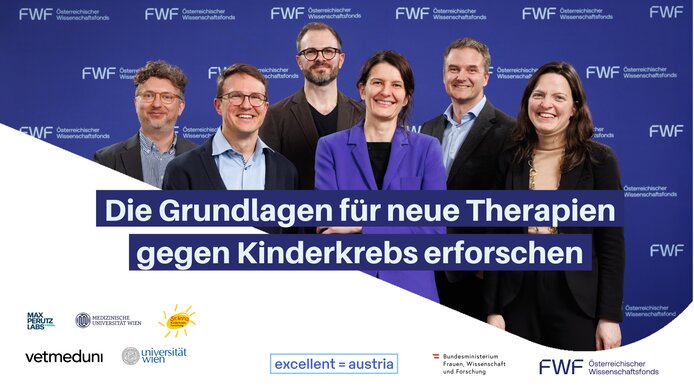 Konsortiumsmitglieder und Forschungsstätten (v. l. n. r.) vor FWF-Logowand: Davide Seruggia (St. Anna Kinderkrebsforschung), Sebastian Falk (Universität Wien), Marco Hein (Max Perutz Labs, Medizinische Universität Wien), Gülsün Elif Karagöz (Koordinatorin, Max Perutz Labs, Medizinische Universität Wien), Florian Grebien (Veterinärmedizinische Universität Wien), Eleni Marina Tomazou (St. Anna Kinderkrebsforschung)
