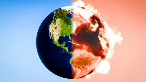A divided globe—the right half is red and overheated, the left half is green and blue, healthy