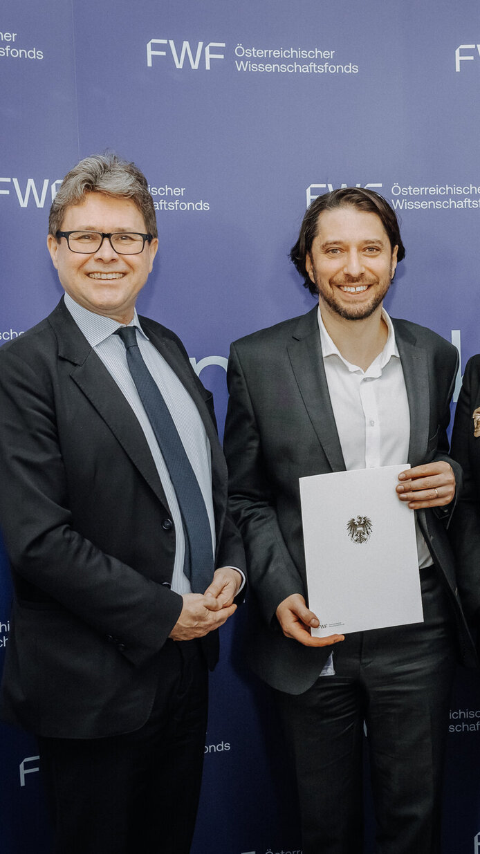 Bundesminister Martin Polaschek, Igor Adameyko, FWF-Vizepräsidentin Ursula Jakubek, FWF-Präsident Christof Gattringer