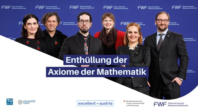 Konsortiumsmitglieder und Forschungsstätten (v. l. n. r.) vor FWF-Logowand: Laura Kovacs (Technische Universität Wien), Michael Pinsker (Technische Universität Wien), Juan P. Aguilera (Koordinator, Technische Universität Wien), Sandra Müller (Technische Universität Wien), Vera Fischer (Universität Wien), Georg Schiemer (Universität Wien)