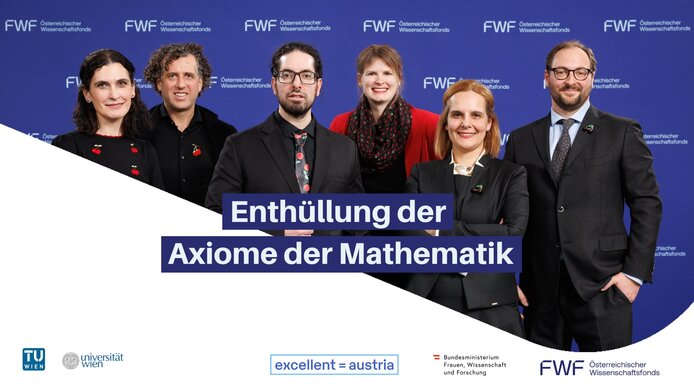Konsortiumsmitglieder und Forschungsstätten (v. l. n. r.) vor FWF-Logowand: Laura Kovacs (Technische Universität Wien), Michael Pinsker (Technische Universität Wien), Juan P. Aguilera (Koordinator, Technische Universität Wien), Sandra Müller (Technische Universität Wien), Vera Fischer (Universität Wien), Georg Schiemer (Universität Wien)