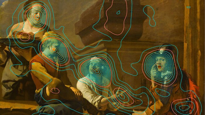 Okulometrische Analyse von 30 geh&ouml;rlosen Personen, die Karel Dujardin, Die Morra-Spieler, um 1660, Louvre, betrachten. Die blauen Linien stellen die Konturen der Blickfixationscluster dar, w&auml;hrend die roten Linien ausgew&auml;hlten Bereichen von Interesse entsprechen.