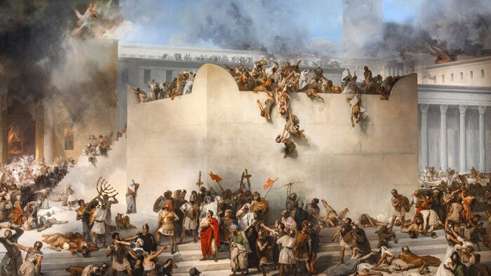 Bild des Malers Francsco Hayez aus dem 19. Jahrhundert, das die kriegerischen Auseinandersetzungen bei der r&ouml;mischen Eroberung Jerusalems und die Zerst&ouml;rung des j&uuml;dischen Tempels zeigt