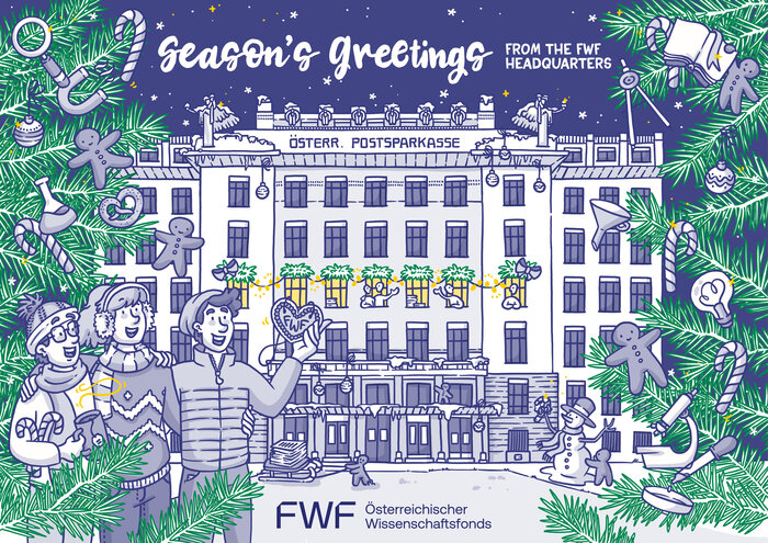 Die Weihnachtskarte des FWF 2024: Abgebildet als Zeichnung das Gebäude der ehem. Österr. Postsparkasse mit erleuchteten Fenstern, im Vordergrund Tannenzweige mit Weihnachtsdekoration und drei Personen in Winterkleidung.
