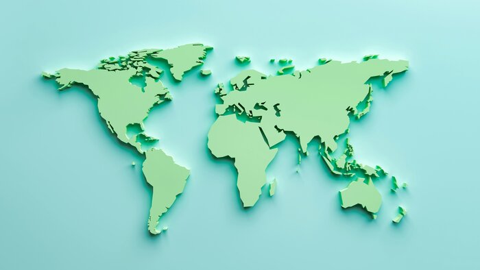 Illustration einer hellgrünen Weltkarte auf hellblauem Hintergrund