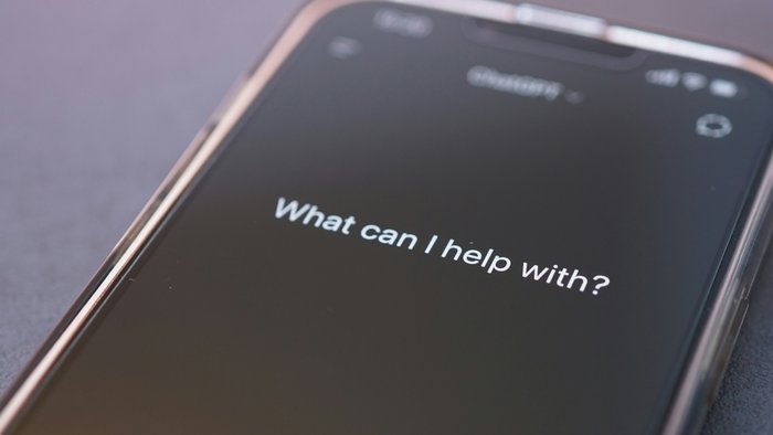 Schwarzes Handydisplay mit wei&szlig;er Schrift: "What can I help with?"