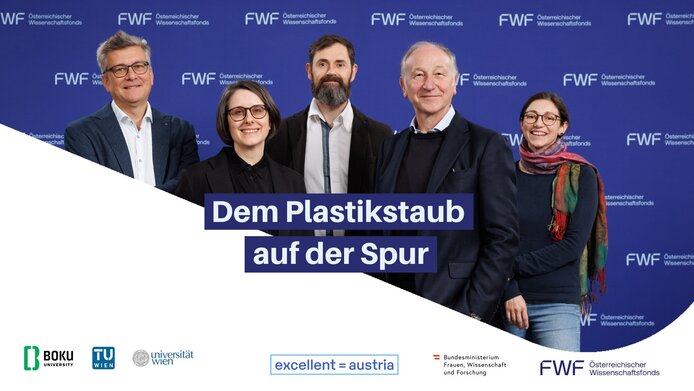 Konsortiumsmitglieder und Forschungsstätten (v. l. n. r.) vor FWF-Logowand: Andreas Stohl (Universität Wien), Lea Ann Dailey (Universität Wien), Markus Holzner (Koordinator, BOKU University), Alfredo Soldati (Technische Universität Wien), Bernadette Rosati (BOKU University)