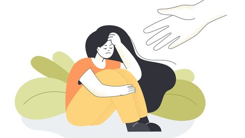 Illustration einer ermüdeten Frau, die mit hochgezogenen Beinen am Boden sitzt - von rechts kommt eine helfende Hand