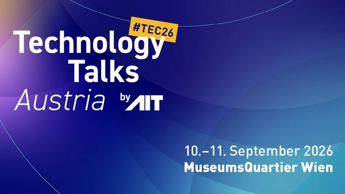 Sujet der Technology Talks Austria 2026 mit der Aufschrift "10-11. September 2026 MuseumsQuartier Wien" 
