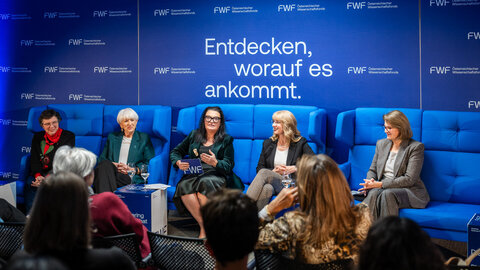 Monika Rosen (Finanzexpertin), Maria Rauch-Kallat (Unternehmensberaterin, ehemalige Frauenministerin), Moderatorin Ursula Jakubek (FWF), Bettina Fuhrmann (WU Wien) und Gertrude Schatzdorfer-Wölfel (Schatzdorfer GmbH)