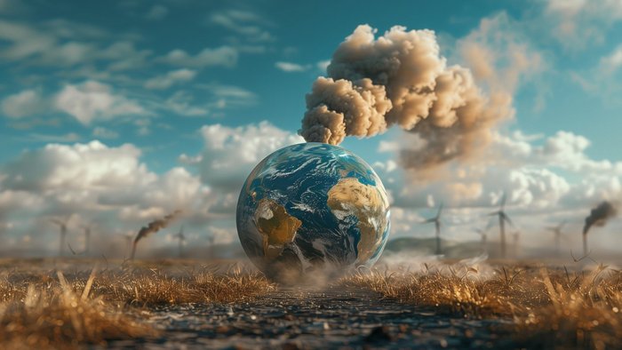 Planet Erde auf einer ausgetrockneten Wiese, aus der oberen H&auml;lfte der Kugel kommen dicke Rauchschwaden heraus