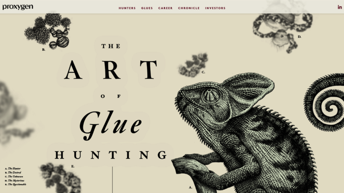 Black-and-white graphic of a chameleon with the inscription “THE ART OF Glue HUNTING”