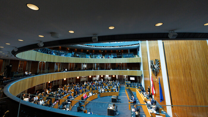 Parlamentarier:innen im großen Plenarsaal des österreichischen Parlaments