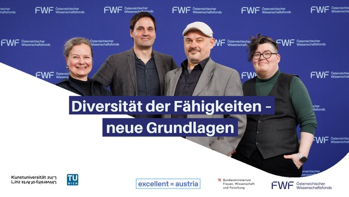 Konsortiumsmitglieder und Forschungsstätten (v. l. n. r.) vor FWF-Logowand: Elke Bachlmair (Kunstuniversität Linz) Florian Sametinger (Koordinator, Kunstuniversität Linz) Martin Kaltenbrunner (Kunstuniversität Linz) Katta Spiel (Technische Universität Wien)