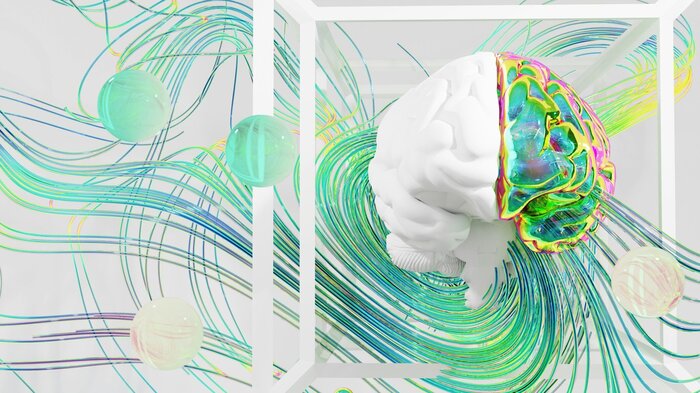 K&uuml;nstlerische Darstellung eines Gehirns und seiner Neuronen in Wei&szlig; und Pastellfarben