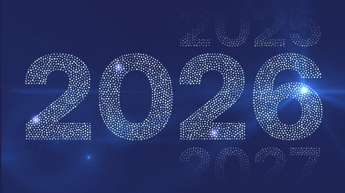 Grafische Darstellung vieler kleiner Lichter auf dunkelblauem Hintergrund, die gemeinsam das Jahr 2026 durch Glitzern abbilden. Im Hintergrund blasser 2025 und 2027.