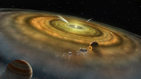 Artist's rendering of planet formation: in the center is a star, with rings of dust particles and gas at the outer edge—and planets become visible in between