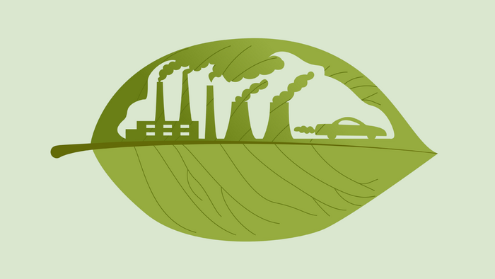 Illustration eines gr&uuml;nen Blattes in dem Abgase von Autos und Industrie in gr&uuml;ne Energie umgewandelt werden