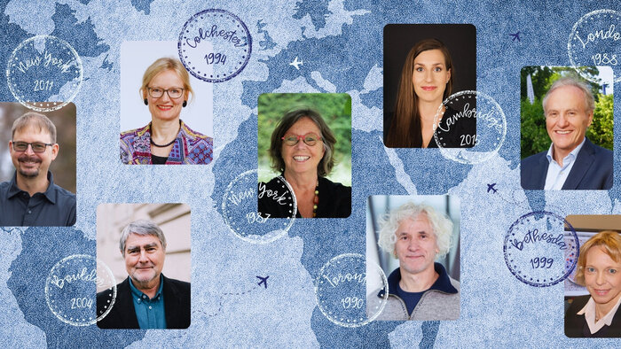 Weltkarte mit Portraits von elf Erwin-Schrödinger-Alumni und Alumnae