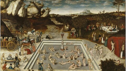 “The Fountain of Youth” (1546) by Lucas Cranach the Elder depicts the myth of eternal beauty and youth. Only women bathe in the fountain, helping each other with their rejuvenation treatments. 