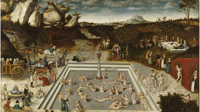 &bdquo;Der Jungbrunnen&ldquo; (1546) von Lucas Cranach d. &Auml;. stellt den Mythos von ewiger Sch&ouml;nheit und Jugend dar. In den Brunnen steigen ausschlie&szlig;lich Frauen, die sich gegenseitig bei der Verj&uuml;ngungskur helfen. 