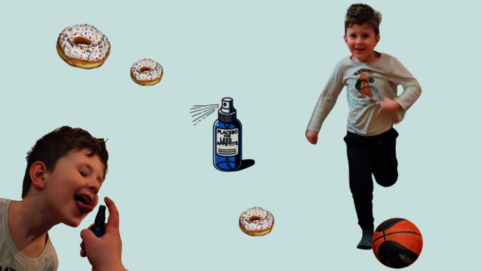 Collage mit Bub, der Fußball spielt, etwas in den Mund gesprüht bekommt, dazwischen sind Donuts und eine Sprayflasche mit dem enthaltenen Placebo
