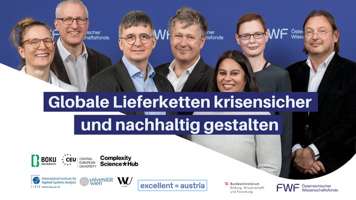 Die Konsortiumsmitglieder (von links nach rechts) Anke Schaffartzik, Stefan Giljum, Helmut Haberl, Fridolin Krausmann, Shonali Pachauri, Cornelia Staritz, Stefan Thurner