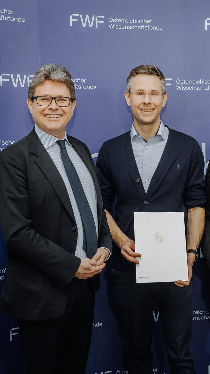 Bundesminister Martin Polaschek, Florian Schur, FWF-Vizepräsidentin Ursula Jakubek, FWF-Präsident Christof Gattringer